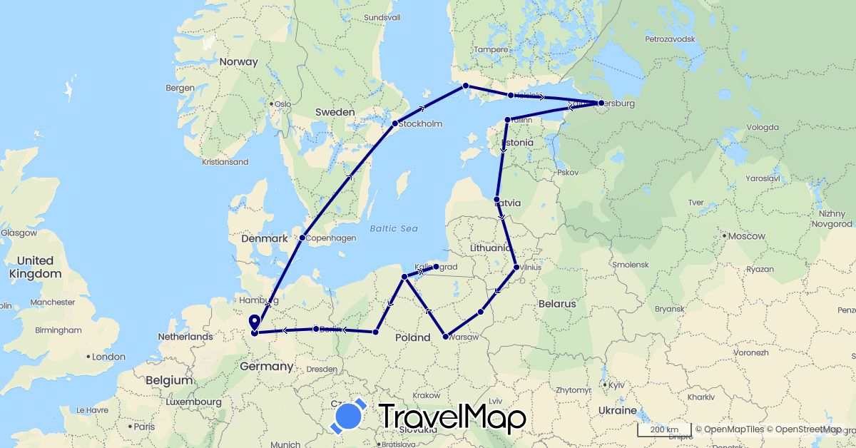 TravelMap itinerary: driving in Germany, Denmark, Estonia, Finland, Lithuania, Latvia, Poland, Russia, Sweden (Europe)
